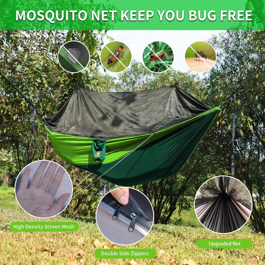 Camping Hammock with Net,Travel Portable Lightweight Hammocks with Tree Straps and Solid D-Shape Carabiners,Parachute Nylon Hammock for Outsides Backpacking Beach Backyard Patio Hiking