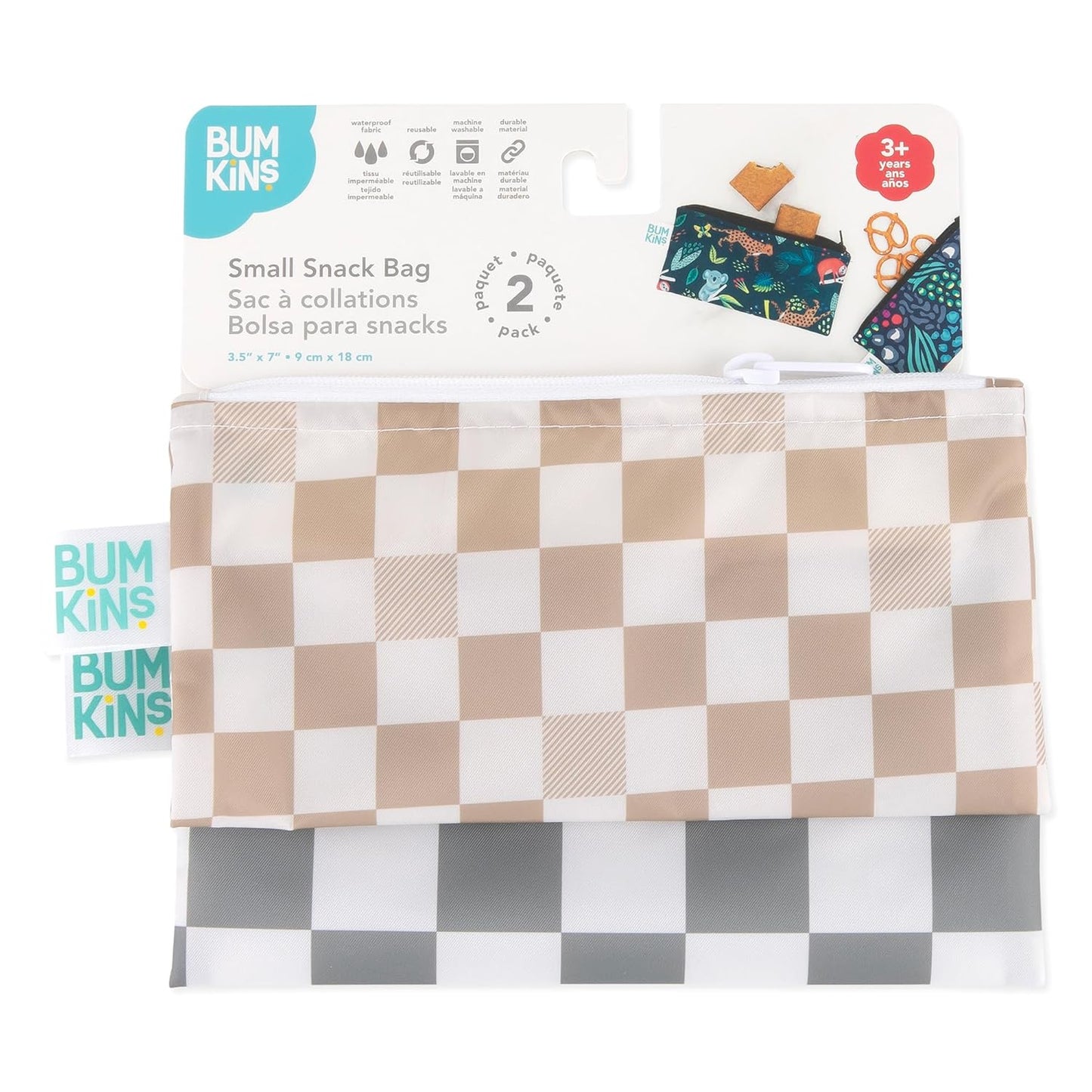 Bumkins Reusable Snack Bags, for Kids School Lunch and for Adults Portion, Washable Fabric, Waterproof Cloth Zip Bag, Supplies Travel Pouch, Food-Safe Storage, 2-pk Check