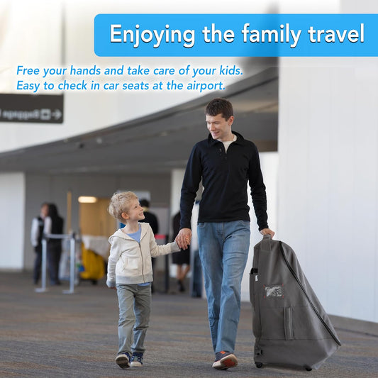 Car Seat Travel Bag with Wheels Heavy Duty Water-resistant Protective Cover for Airplane Travel & Rolling Design, Padded Handle,Padded Adjustable Strap (Grey)