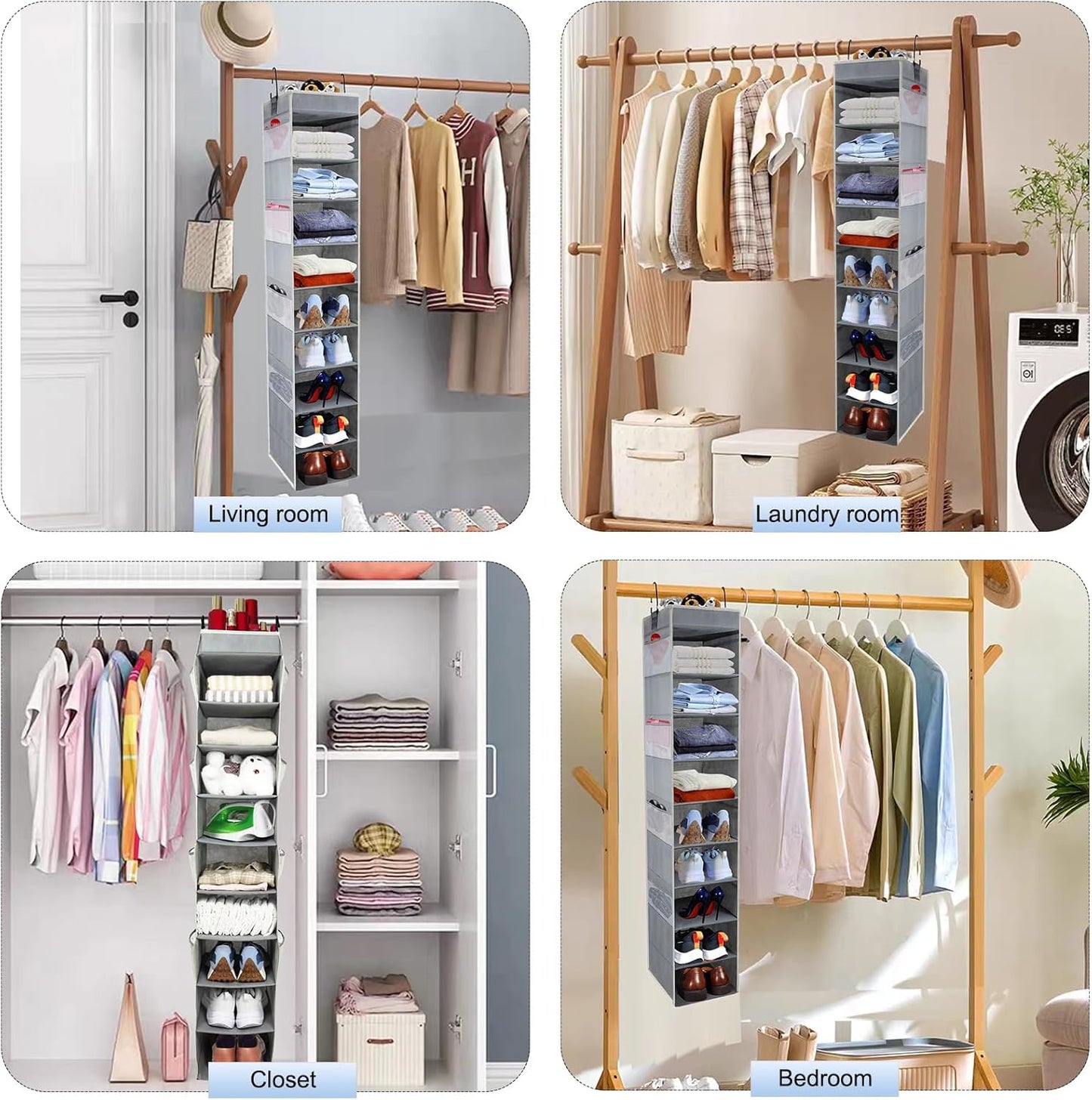 2 Pack Large-Sized Hanging Shoe Organizer 10-Shelf, Sturdy Hanging Closet Organizer with 8 Side Pockets, Wider Hanging Shelves for Storage Shoes Clothes Jeans Shirts Toys, Grey.