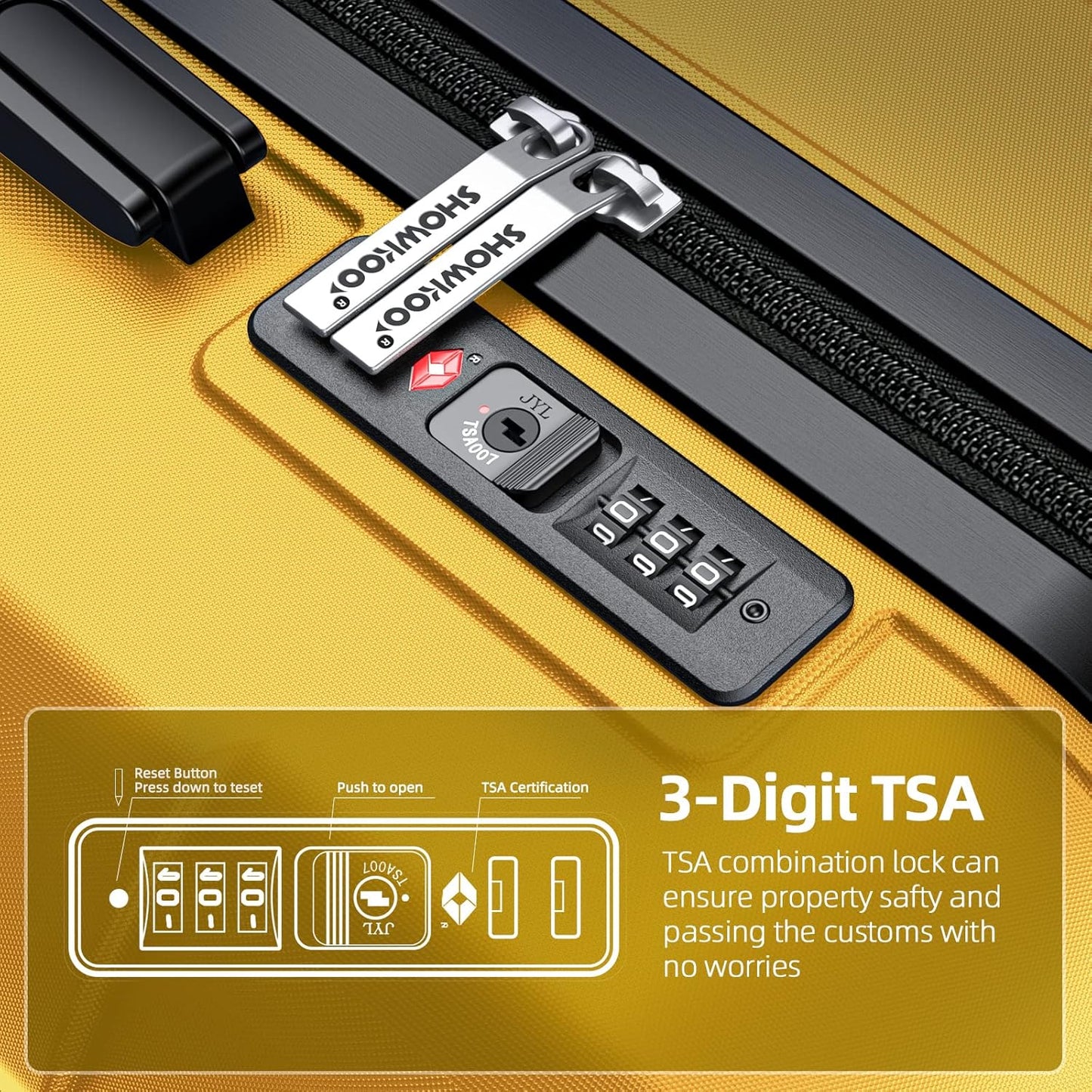 SHOWKOO Luggage Sets Expandable PC+ABS Durable Suitcase Sets Double Spinner Wheels TSA Lock Yellow 3pcs