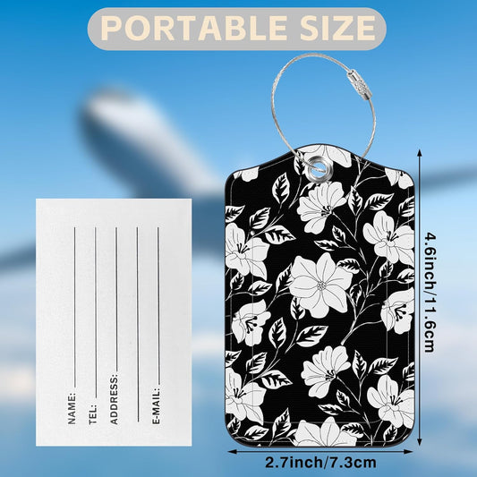 2 Pack Luggage Tags for Suitcases Black Flowers and Leaves Leather Luggage Tags Privacy Cover ID Label with Stainless Steel Loop and Address Card for Women Men Travel Bag Backpack