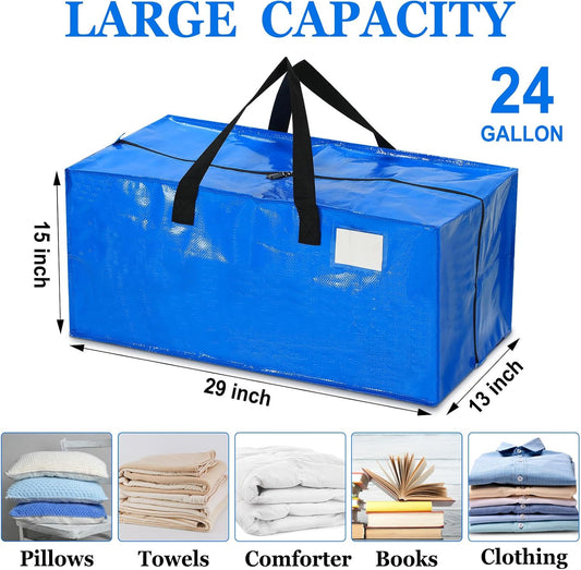 4 Pcs 24 Gallon Large Moving Bags with Zipper and Handles Foldable Storage Duffle Bags Heavy Duty Extra Large Totes for College Dorm Travel Clothes Blankets Bedding Moving (Blue)
