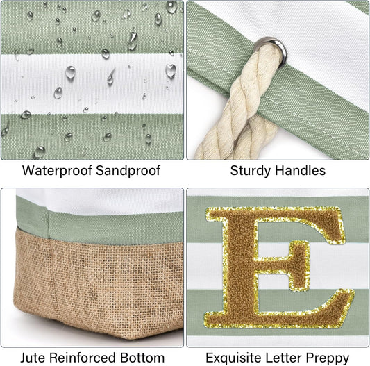 Becokan Beach Bag Initial Beach Tote with Makeup Bag for Travel Work Storage Personalized Birthday Gifts for Women Her