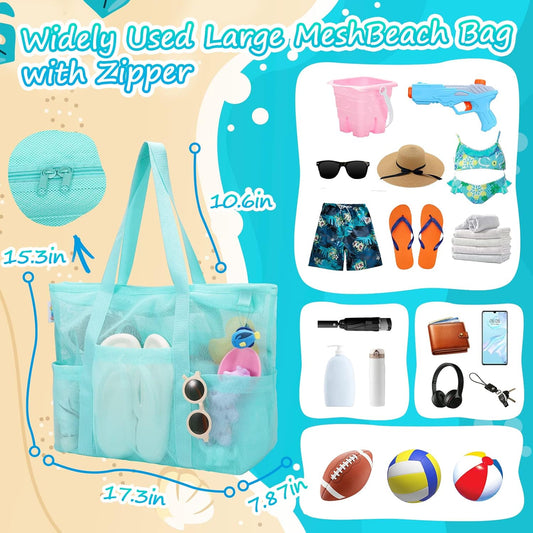 Tagitary Mesh Beach Bag with Zipper Large Beach Tote Waterproof Sandproof with 8 Pockets for Toys Pool Bag Beach Accessories
