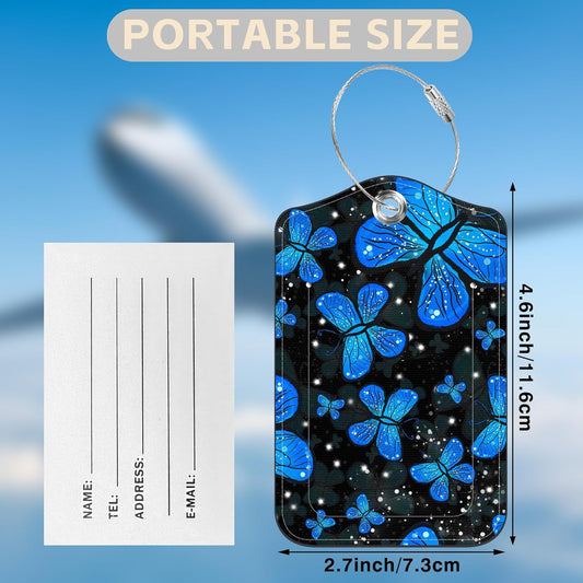 2 Pack Luggage Tags for Suitcases Blue Butterfly Leather Luggage Tags Privacy Cover ID Label with Stainless Steel Loop and Address Card for Women Men Travel Bag Backpack