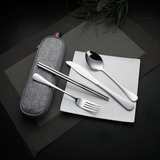 DEVICO Camping Utensils, Portable Travel Utensils with Case, Stainless Steel Reusable Silverware for Lunch Adult, 5Pcs Cutlery Set Includes Knife Spoon Fork Chopsticks and Case (Silver)