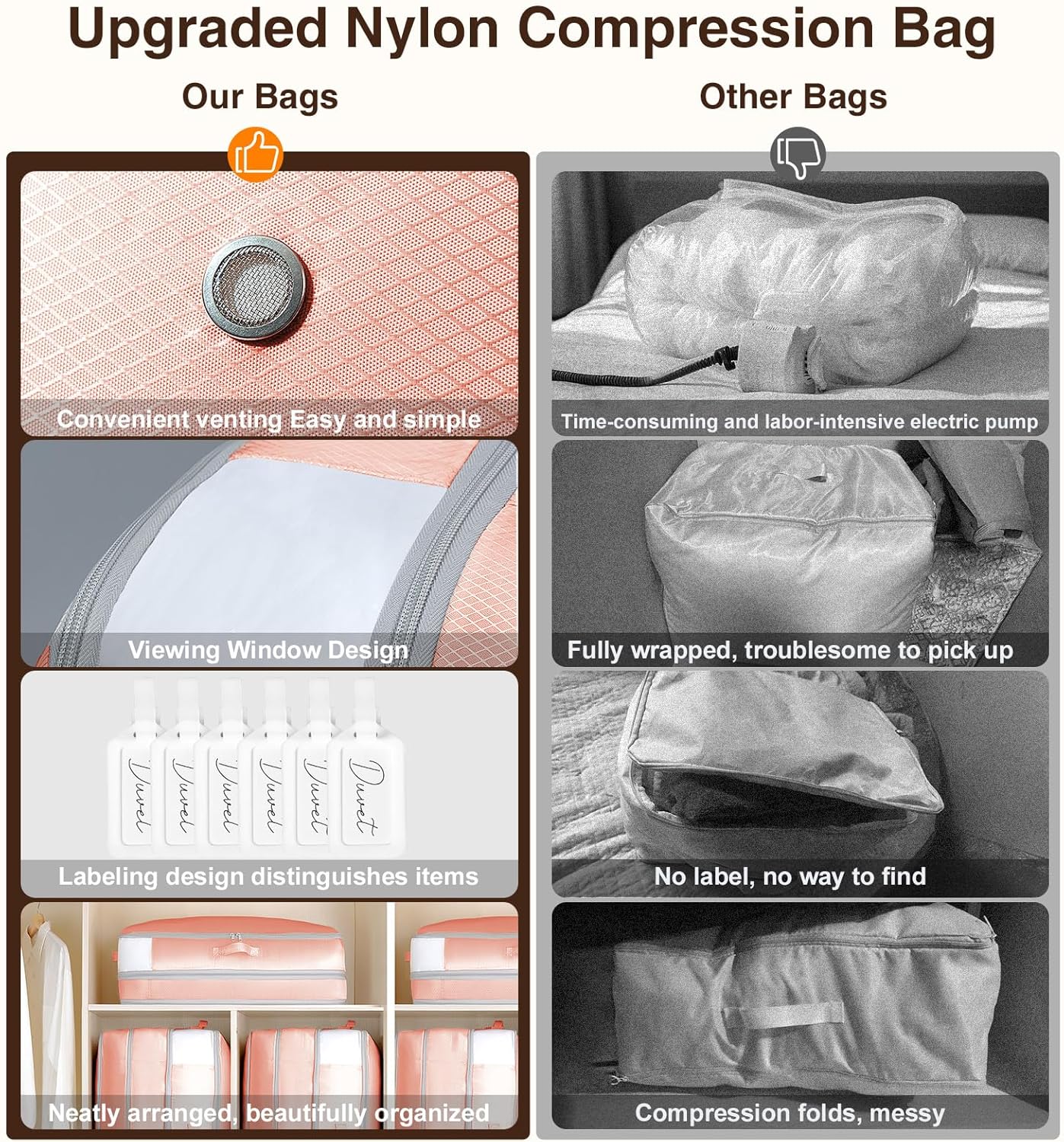 6 Pack Compression Storage Bags - 110L Large Capacity Comforter Storage Bag, 3-Layer Washable Ultra Space Saving Self Compression Organizer Space Bags for Blankets, Sweaters, Sheets, Pink