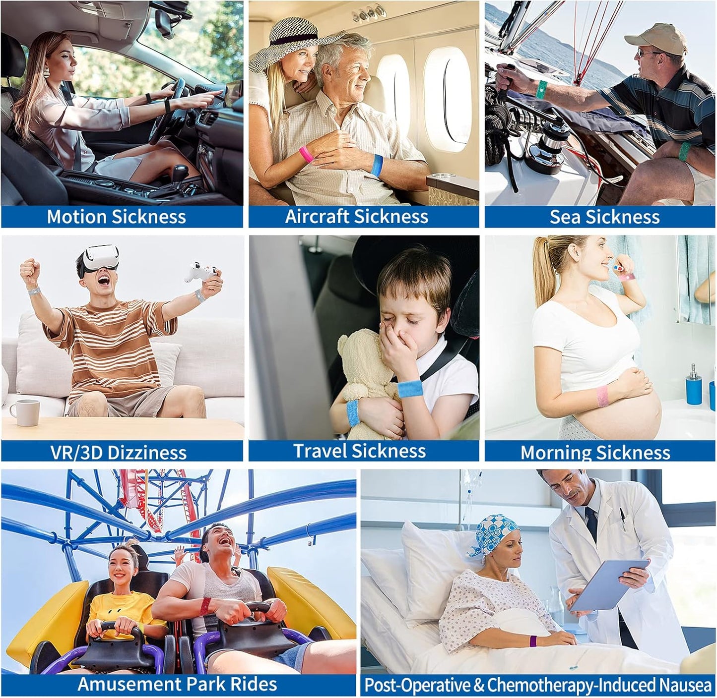 6 Pairs Motion Sickness Bands – Natural Anti Nausea Acupressure Wristbands for Morning & Motion Sickness Relief – Ideal for Car, Cruise & Flight Travel – for Adults and Kids