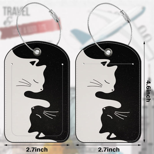 2 Pack Luggage Tag for Suitcase Black and Gray cat Leather Suitcase Tags with Privacy Name ID Label and Stainless Steel Loop for Travel Bag