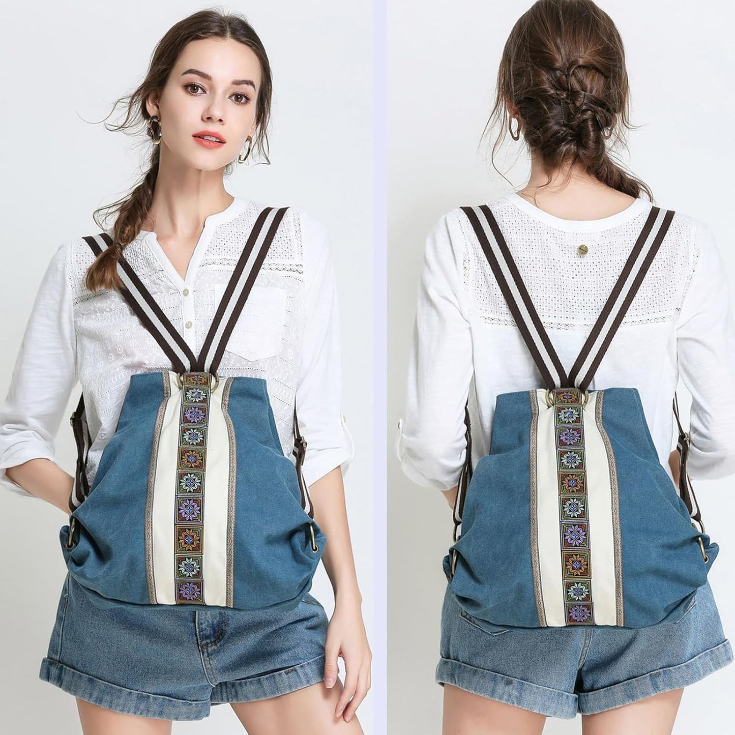 Goodhan Women Canvas Backpack Daypack Casual Shoulder Bag, Vintage Heavy-duty Anti-theft Travel Backpack (Green Blue)