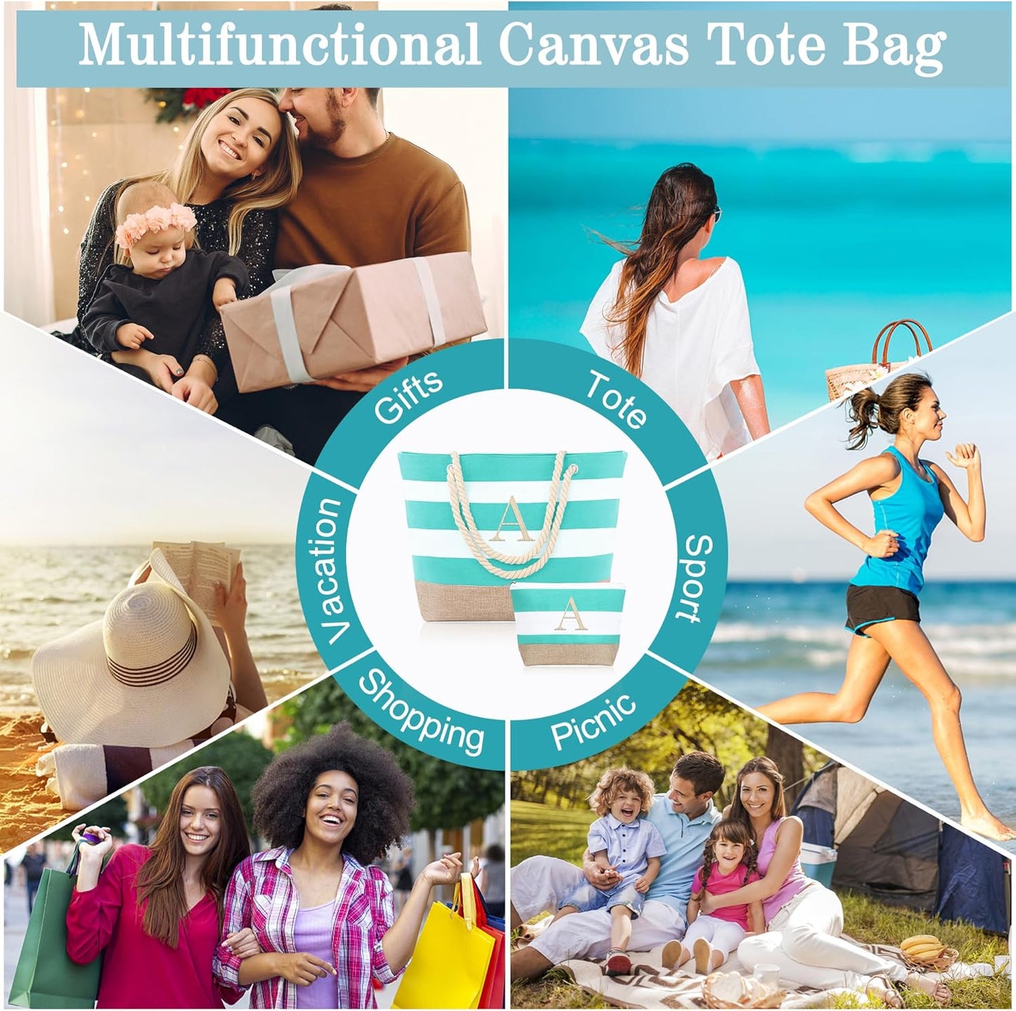 YOOLIFE Initial Canvas Waterproof Beach Tote Bag Zipper Personalized Gifts for Women Her Birthday Travel Beach Essential