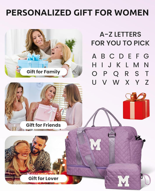 Personalized Gifts-Girls Duffle Bag with Shoe Compartment, Personalized Weekender Bag, Monogram Overnight Bag, Letter Travel Bag with Makeup Bag,Birthday Gift For Women Girl (Letter L)