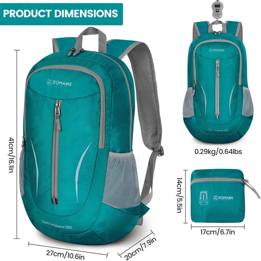 ZOMAKE Ultra Lightweight Packable Backpack 25L, Foldable Hiking Backpacks Water Resistant Small Folding Daypack for Travel(Lake Green)