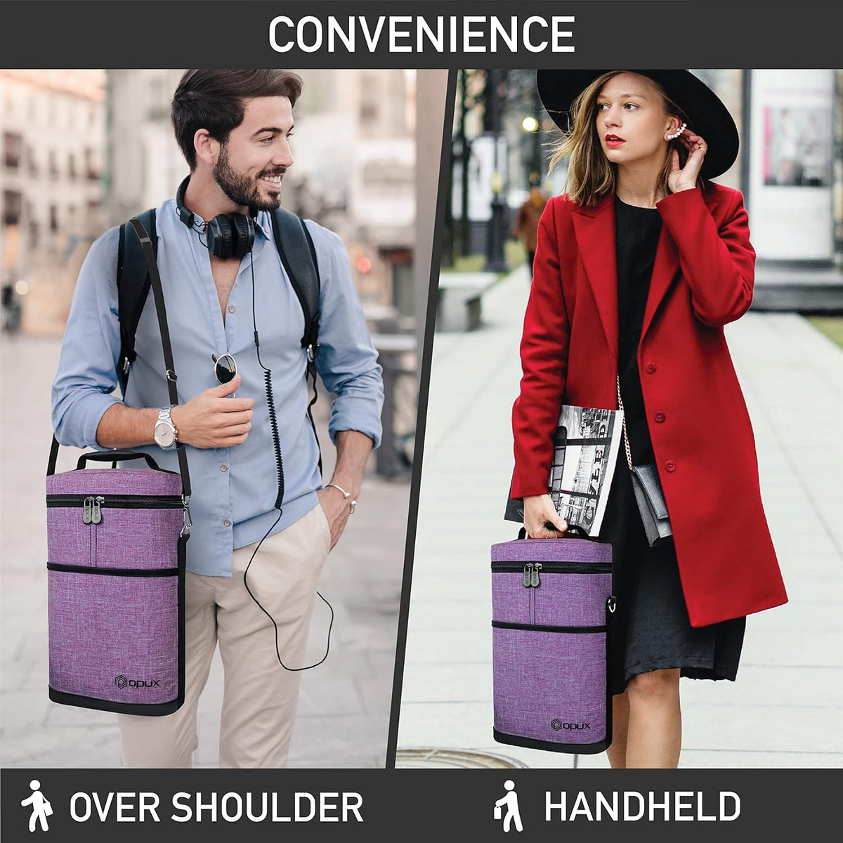 opux 2 Bottle Wine Carrier Tote, Insulated Leakproof Wine Cooler Bag, Wine Travel Bag for Picnic BYOB Beach, Portable Wine Bottle Carrying Case, Gift for Wine Lover Women Men Christmas, Purple