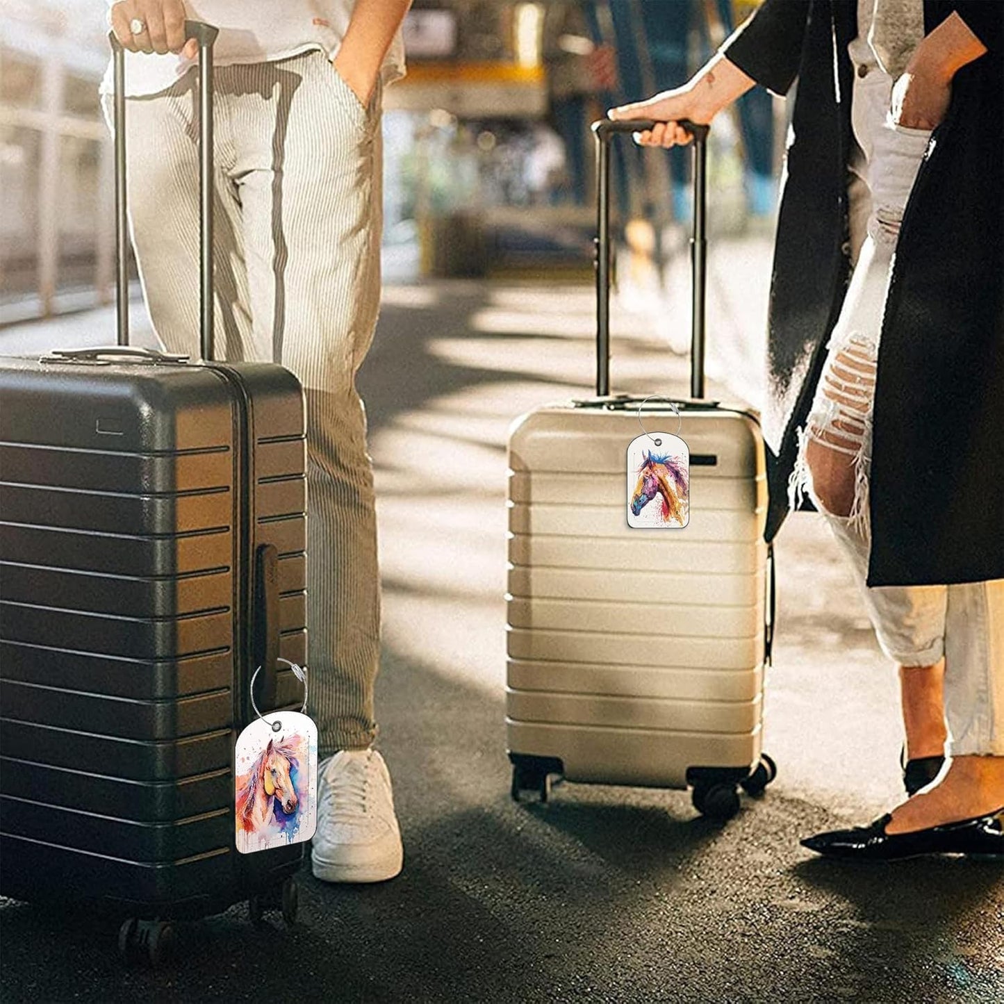 2 PCS Leather Luggage Tags for Suitcase Watercolor Horse Travel Luggage Tag with Privacy Flap Name ID Label and Metal Loop for Travel Bag Suitcase