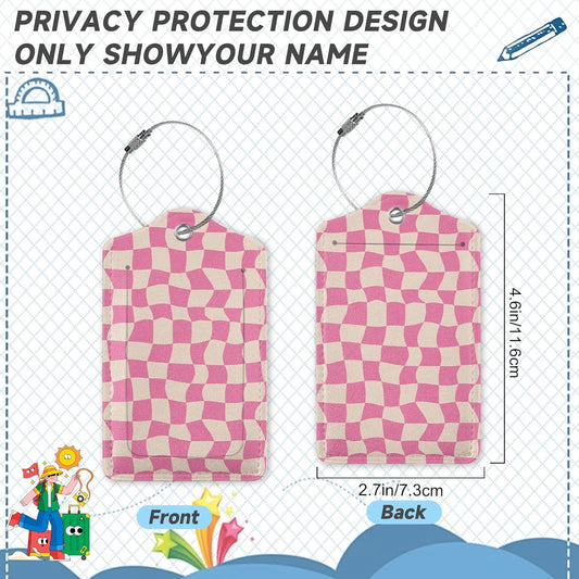 2 Pack Luggage Tag for Suitcase, Groovy Pink Checkerboard Leather Bag Tags Identifiers Privacy Cover ID Label with Durable Steel Loop for Women Men Kids Girls Travel