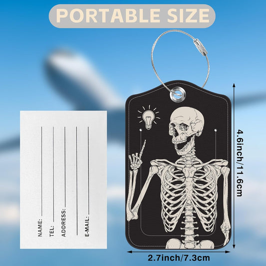 2 Pcs Human Skeleton Luggage Tags for Suitcases PU Leather Baggage Tags Name ID Label with Privacy Cover and Stainless Steel Loop for Men Women Travel Bag Suitcase