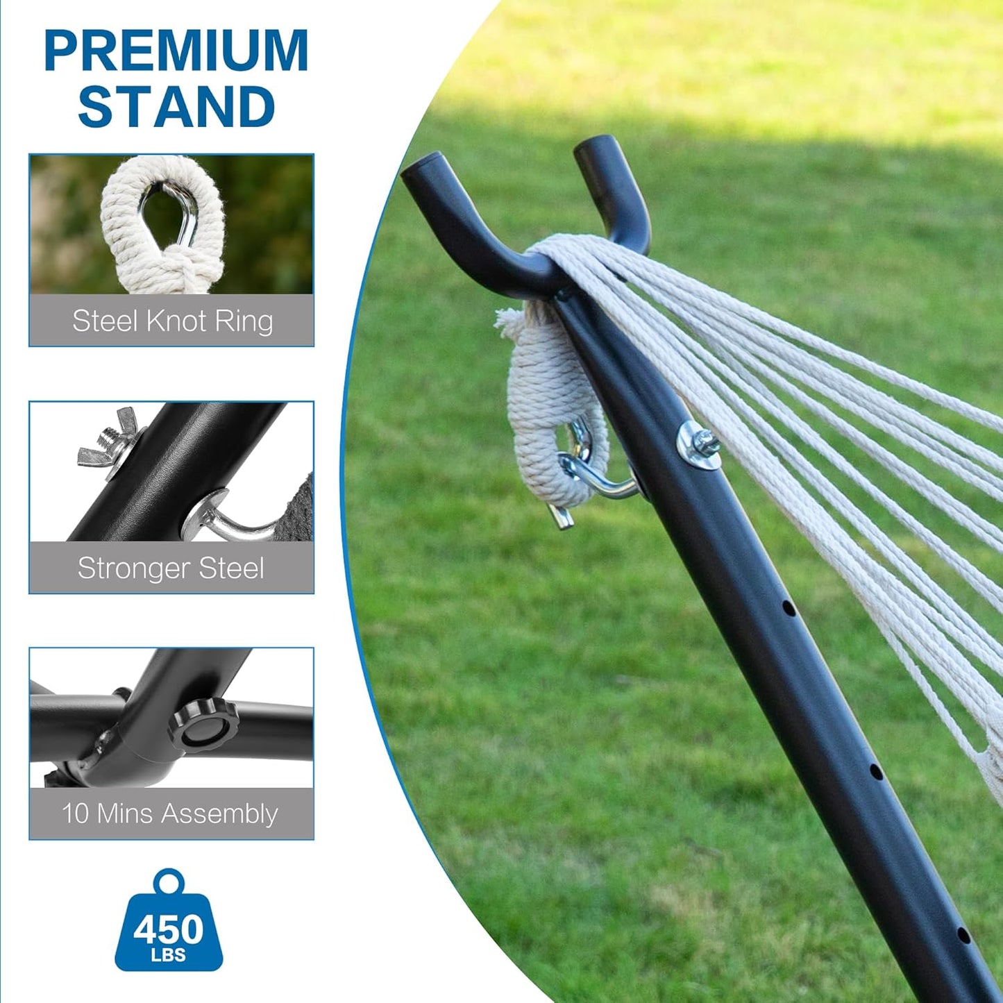 PNAEUT Double Hammocks with Stand for Outside, Portable Space Saving Heavy-Duty Steel Stand for Indoor Outdoor Patio with Carrying Bag, 450 lbs Capacity (Blue)