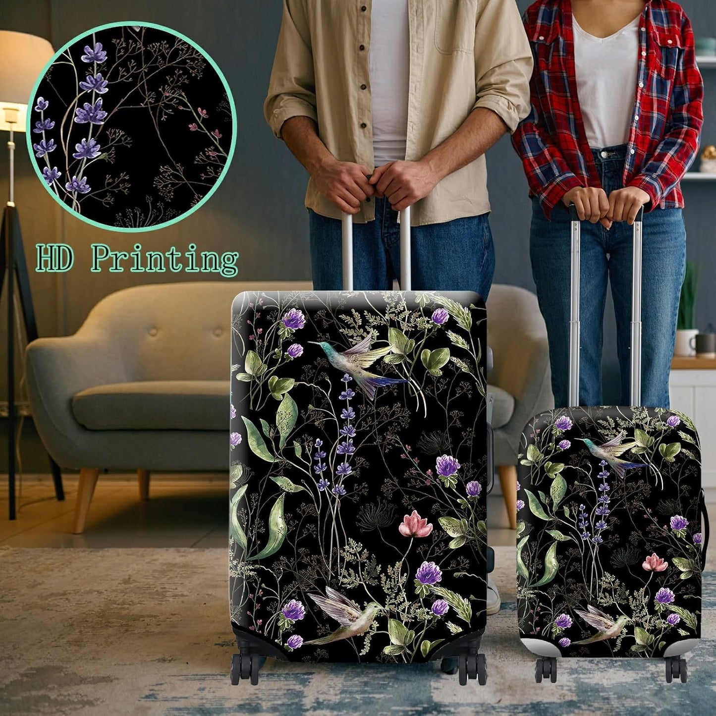Luggage Cover Suitcase Protector + Luggage Tag, Wild Flowers Hummingbird Travel Suitcase Cover for 29-30 inch Luggage (XL) with Concealed Zipper Washable Elastic Cloth Dustproof Anti-Scratch