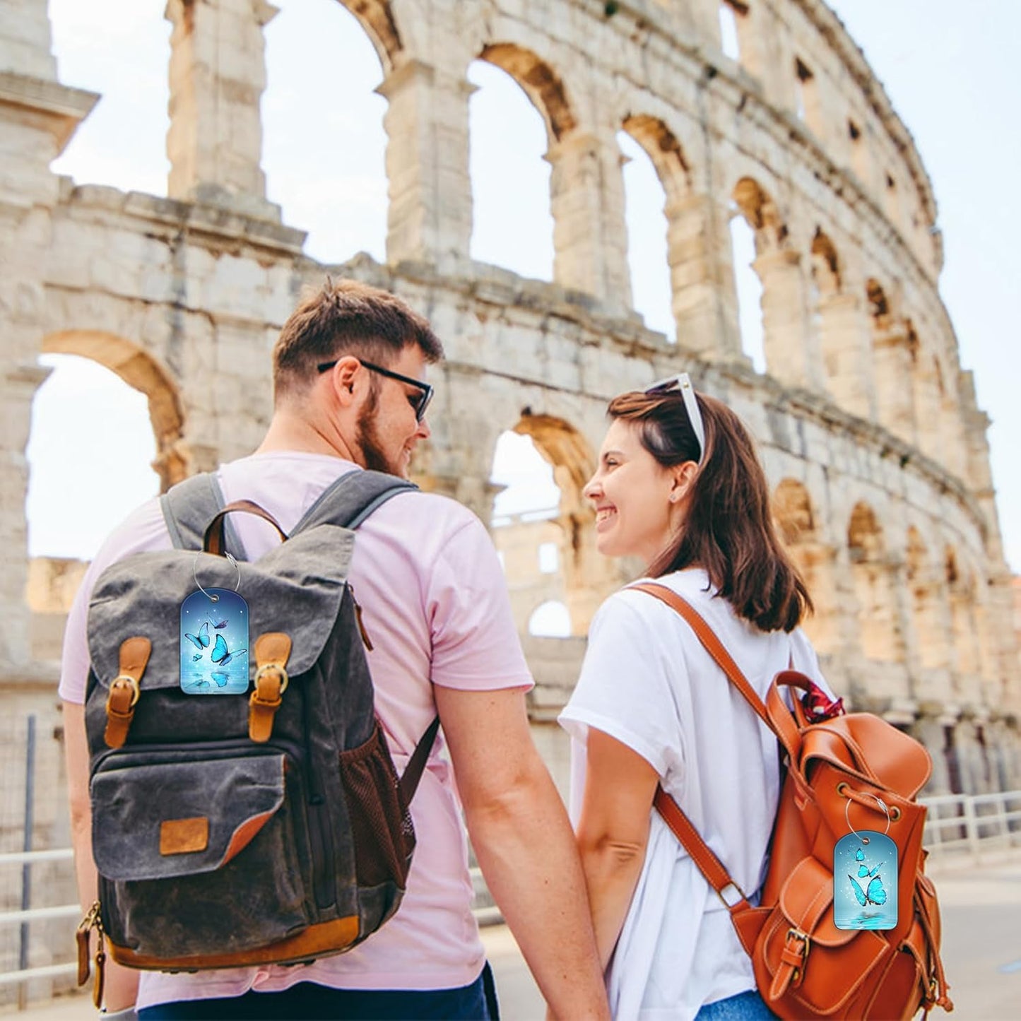 2 Pack PU Luggage Tags for Suitcase, Blue Butterfly On Water Suitcase Tag Leather ID Label Bag Tags with Privacy Cover and Metal Loop for Men Women Travel Bag