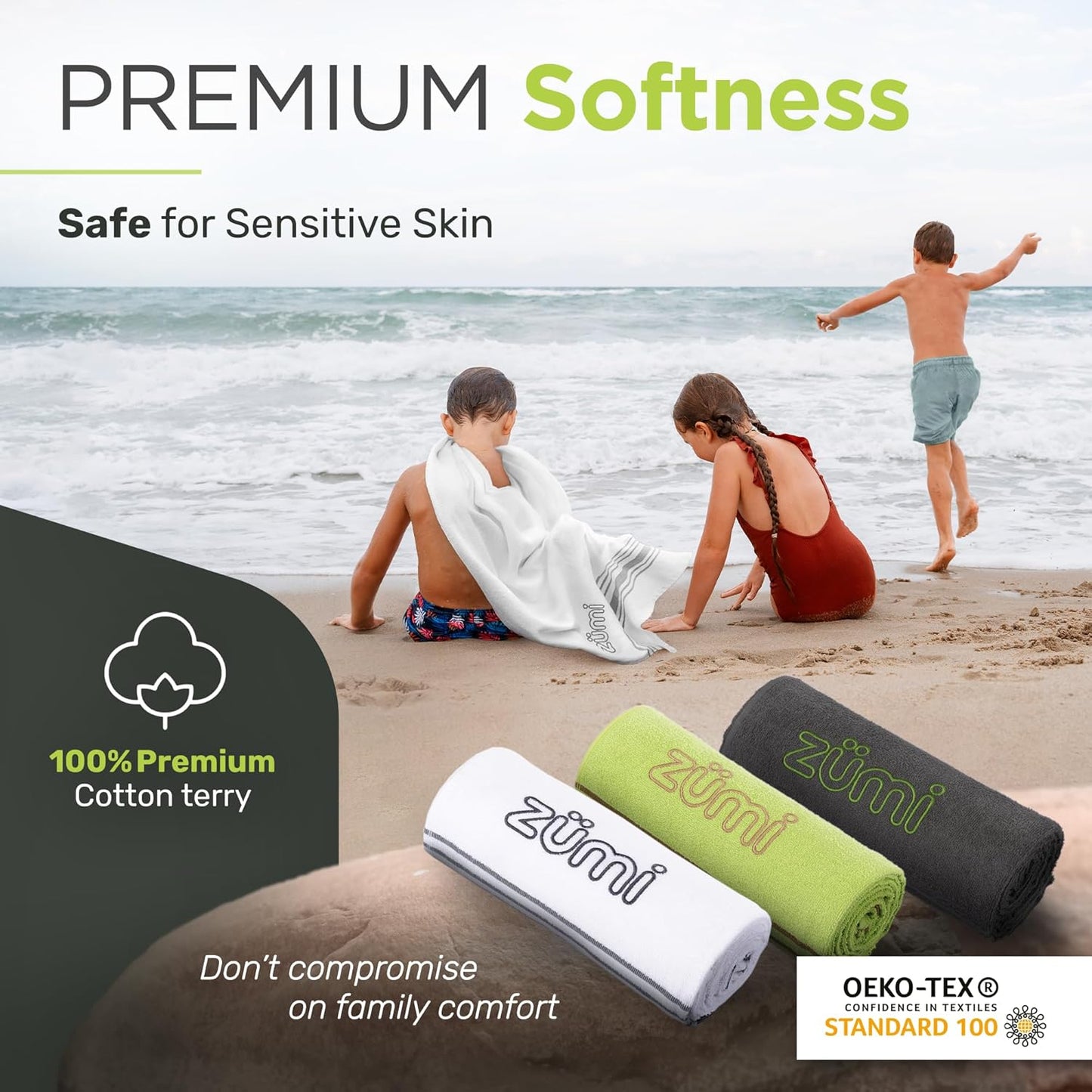 Zumi MINI 100% Cotton Camping Travel Towel - Small, Ultralight, Fast Drying, Highly Absorbent, Soft and Gentle on The Skin, Safe for The Planet (28" x 13" Green)