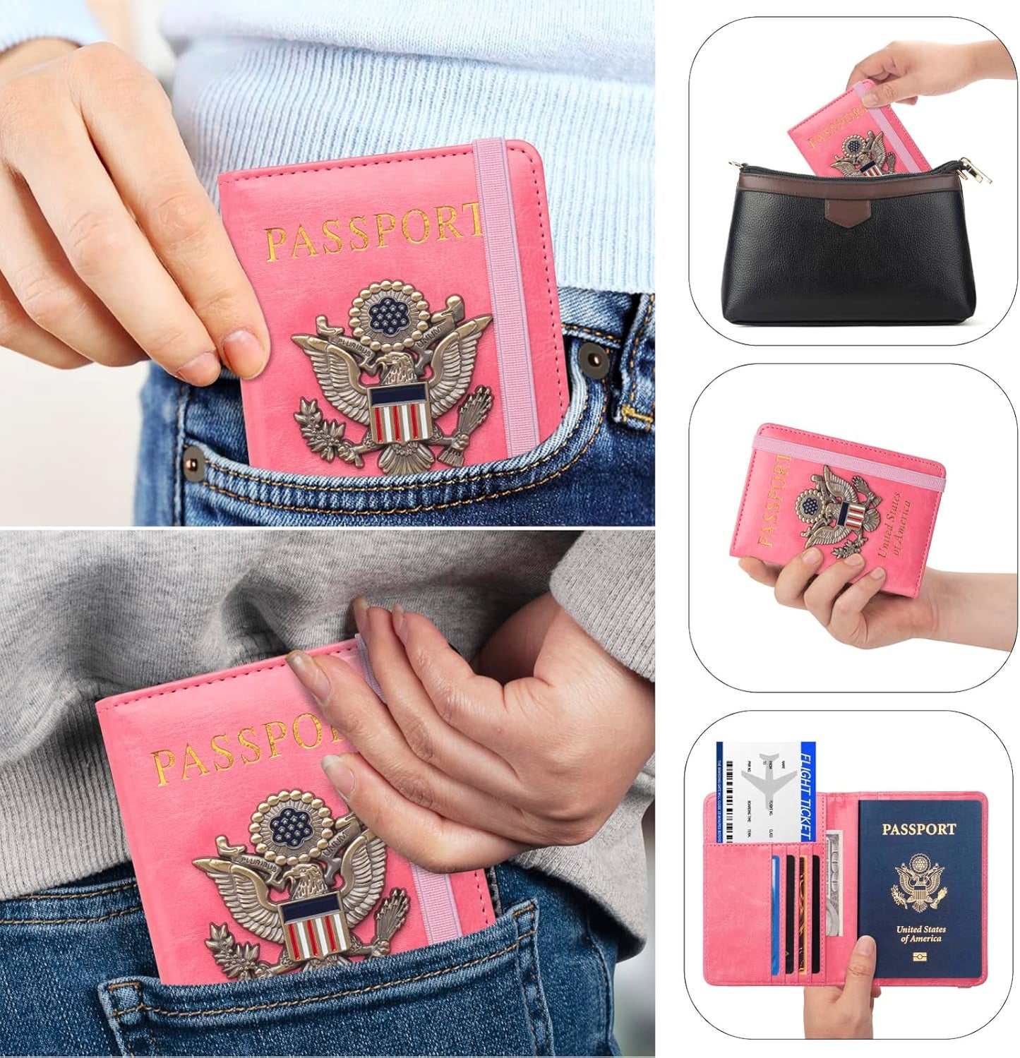 Passport Holder for Travel Passport Cover for Men Passport Wallet Case with Metal 3D Metal Badge Protector Leather Card Case RFID Blocking Women Travel Accessories Document Organizer (Pink)
