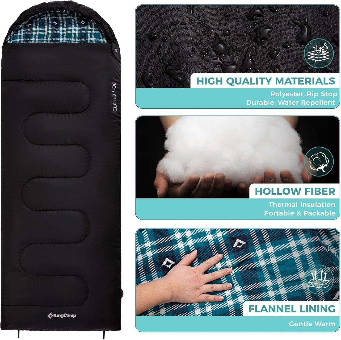 KingCamp Sleeping Bag for Adults, Cold Weather & Warm XL Big and Tall Flannel Sleeping Bags with Compression Sack Portable Waterproof Essentials Gear Accessories for Outdoor Camping