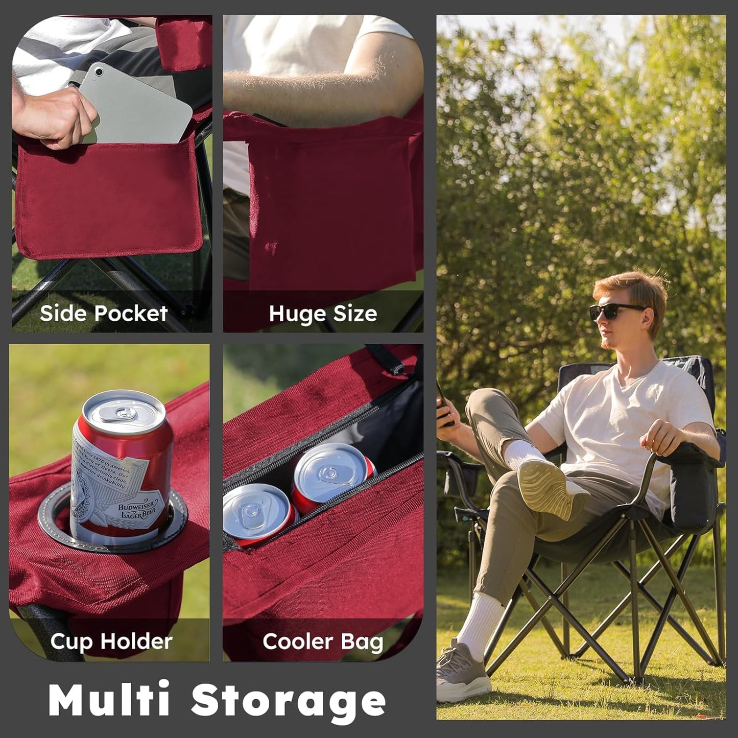 Oversized Folding Camping Chairs - 450 LBS Support Heavy Duty Camp Chair with Padded Cushion, Portable Outside Chairs with Carry Bag,Cooler, Cup Holder for Outdoor, Lawn, Sports - Red