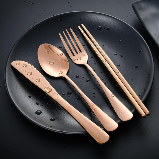 Boulder Bee Travel Utensils Set | Reusable Camping Cutlery Set | Stainless Steel Flatware Set | Portable Silverware Set with Case | Includes Knife/Fork/Spoon/Chopsticks/Cleaning Cloth/Case (Rose)