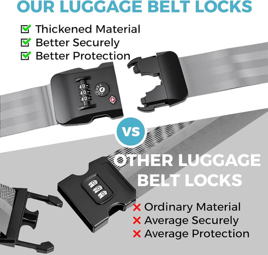 Luggage Straps with TSA Lock, Adjustable Heavy Duty Grey Luggage Straps for Suitcase with Reinforced Buckles, Cross Luggage Strap TSA Approved Combination Locks with Name Tags for Travel & Trip