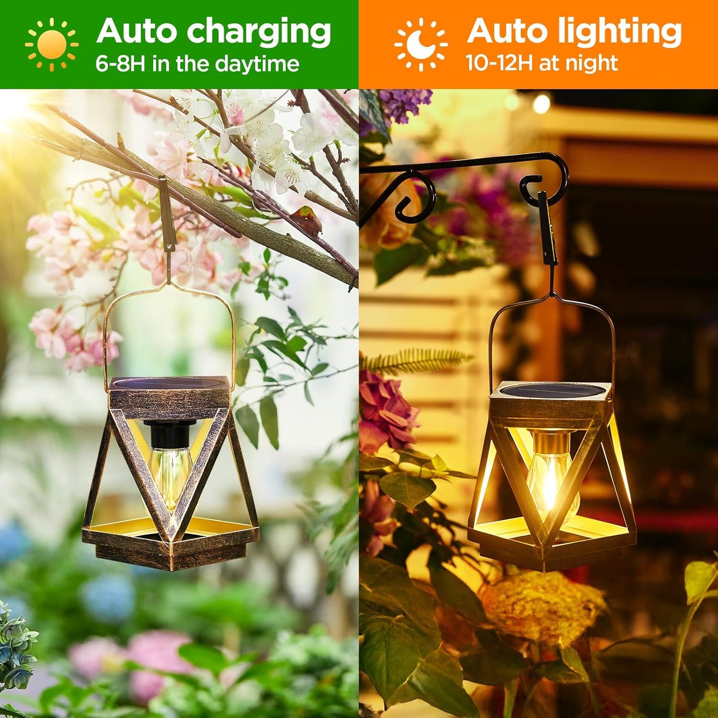 KOOPER Solar Lanterns Outdoor Waterproof, 4 Pack Upgraded Metal Hanging Solar Lights Outdoor Lantern Decorative, Bright Bronze Hanging Lanterns for Yard Patio Table Pathway Garden Decor