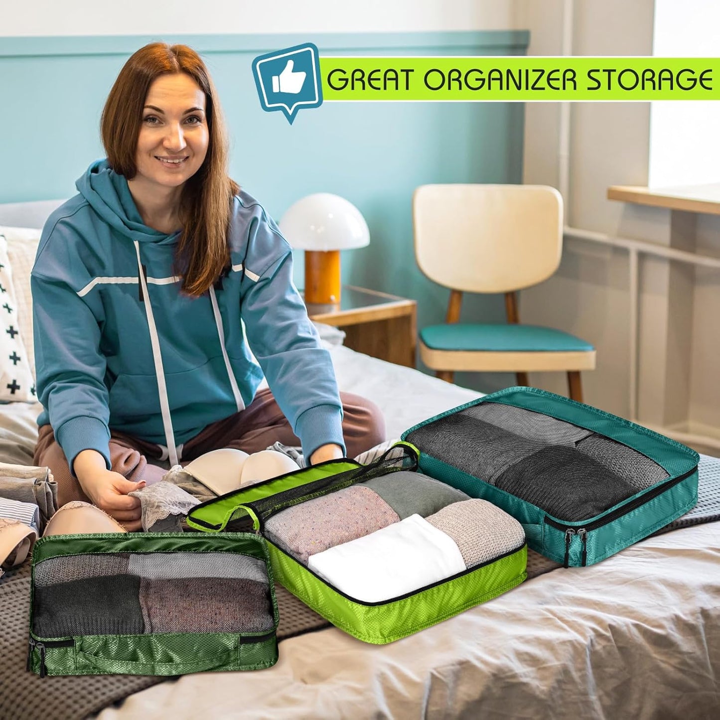 5 Pcs Packing Cubes for Suitcase Large Travel Cubes Carry on Luggage Organizer Bags for Clothes Accessories(Mixed,Green)