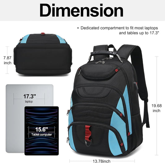 Boavan Laptop Backpack for men, 17.3 inch Laptop Bag with USB Port, Waterproof Travel Work Backpack Purse, Anti-Theft Teacher Nurse Doctor Casual Bookbags Office Business backpack,Black&Sky Blue