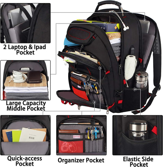 Laptop Backpack, Red, 55L Capacity, TSA Approved, RFID Anti-Theft, USB Charging Port, Headphone Hole, Back Luggage Strap, Chest Strap, Laptop Backpack