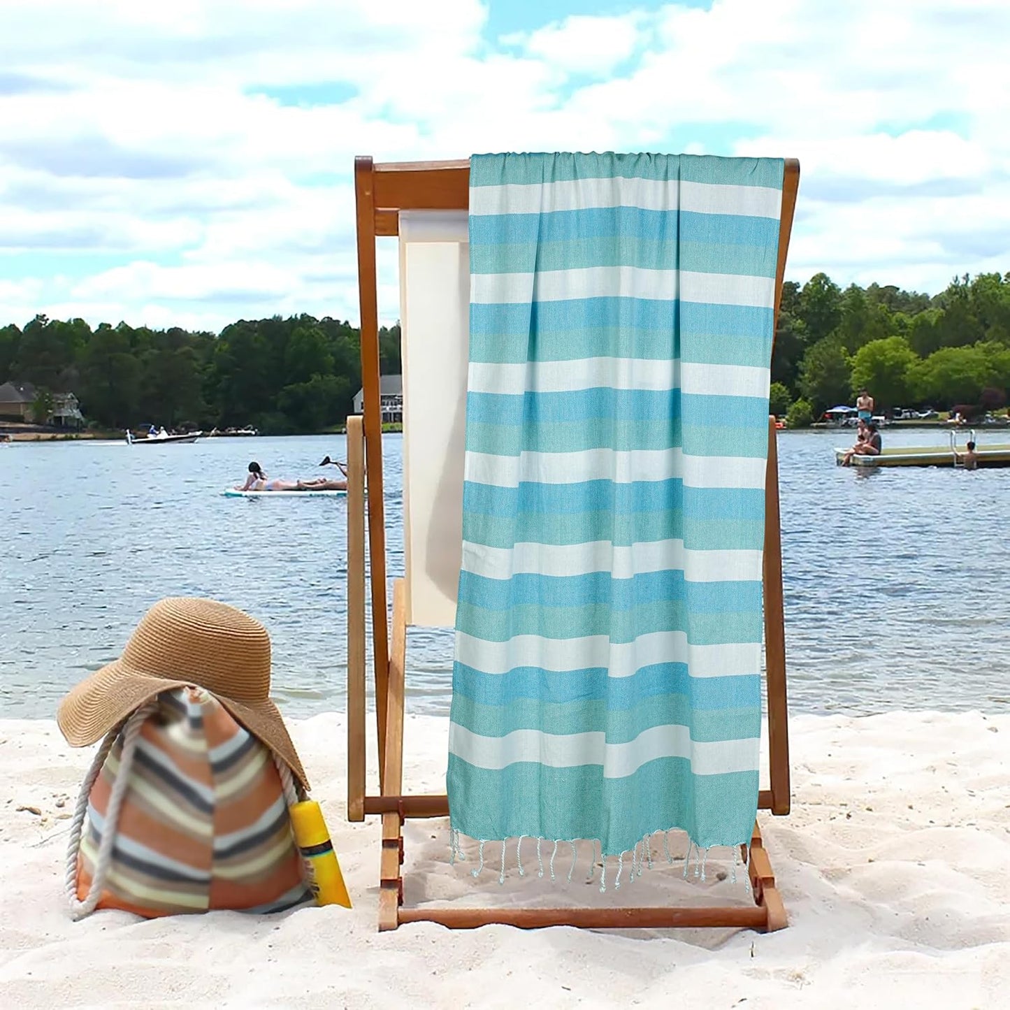 HILLFAIR Cotton Turkish Beach Towels, Quick Dry Lightweight Sand Free Peshtemal Towel for Bath Swim Yoga Spa Travel, Beach Accessories, Oversized Cotton Turkish Towels (39 x 72 inch- 4 Pack Sea)