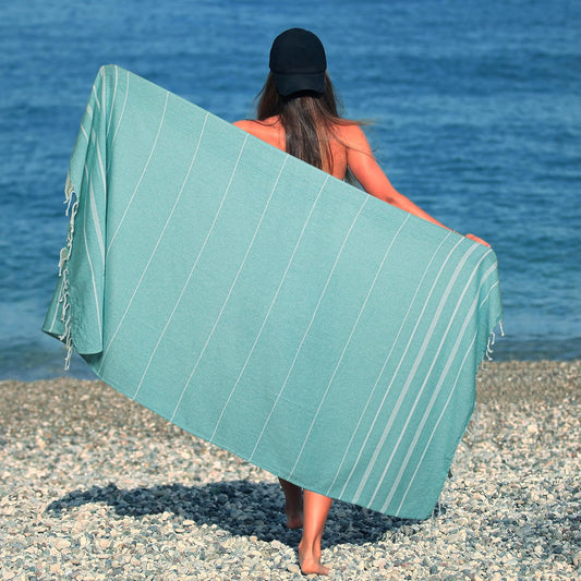 HILLFAIR Cotton Turkish Beach Towels, Quick Dry Lightweight Sand Free Peshtemal Towel for Bath Swim Yoga Spa Travel, Beach Accessories, Oversized Cotton Turkish Towels (39 x 72 inch- 4 Pack Aqua)