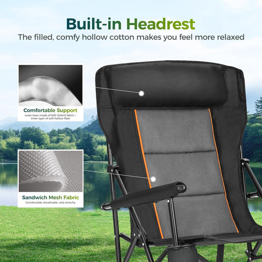 ALPHA CAMP Oversized Folding Camping Chairs for Adults High Backrest Heavy Duty Lawn Chairs Support 500 LBS Portable Camp Chairs with Cup Holders Large Side Pocket Outdoor Chair 2 Pack