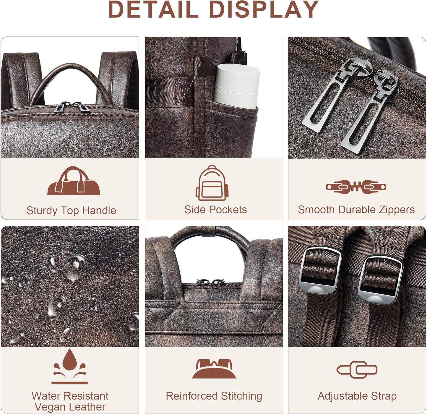 Shrrie Laptop Backpack for Women,Vegan Leather Backpack Work Computer Backpacks fits 16" Laptop,Water Resistant Teacher Nurse Casual Daypack for Weekender Camping Travel,Two-toned Coffee