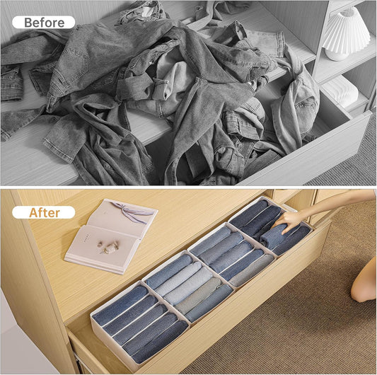 4 Packs Jeans Drawer Organizers for Clothing,5 Grids Compartment Wardrobe clothes organizer,Fabric Washable Closet Organizers and Storage Bins for Jeans,Pants,Bra,Legging,t-shirt-White