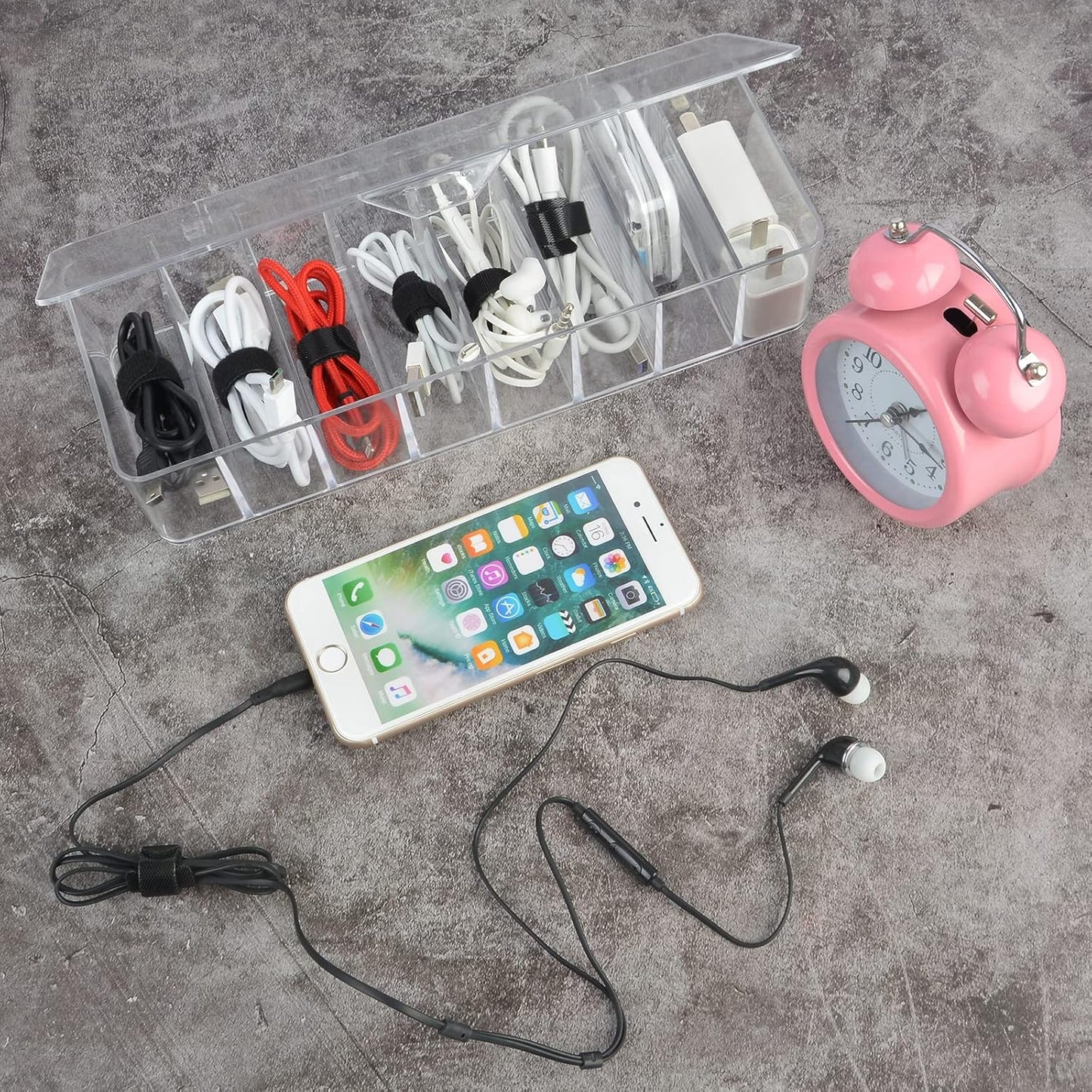 Acrylic Electronics Organizer-8 Sections Clear Cable Storage Bin Box,Cord Management Holder,Desk Storage Accessories with 20 PCS 6 Inch Reusable Fastening Fabric Cable Tie Straps Cord Wraps (No Lid)