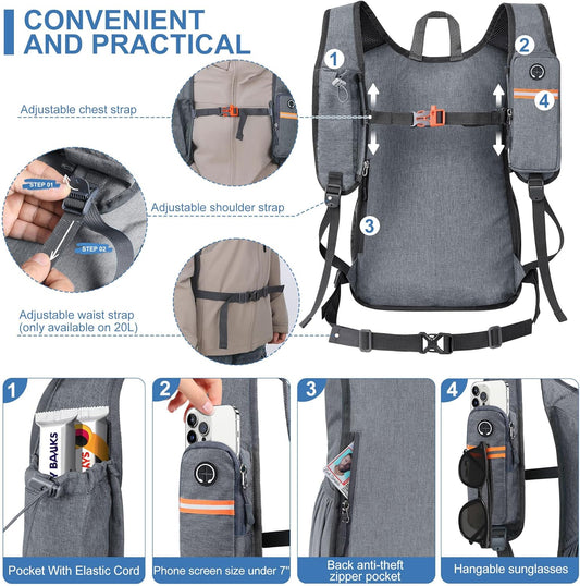 20L Small Hiking Backpack for Men Women Foldable Packable Back Pack Ultralight Hiking Daypack for Travel Camping Outdoor, Gray