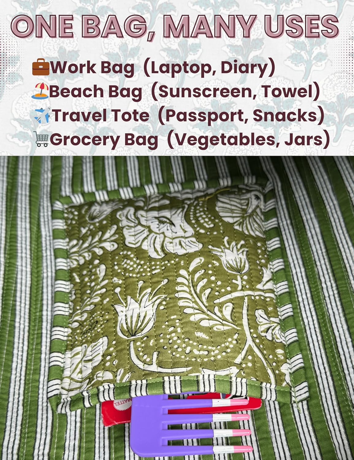 Cotton Quilted Tote Bag for Women – Large Beach & Travel Tote with Zipper, Reusable Grocery Bag