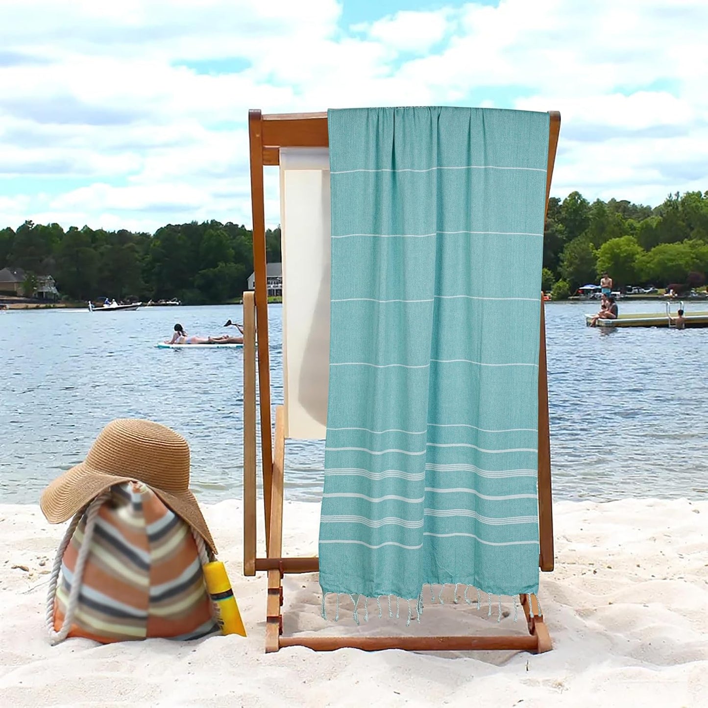 HILLFAIR Cotton Turkish Beach Towels, Quick Dry Lightweight Sand Free Peshtemal Towel for Bath Swim Yoga Spa Travel, Beach Accessories, Oversized Cotton Turkish Towels (39 x 72 inch- 4 Pack Aqua)