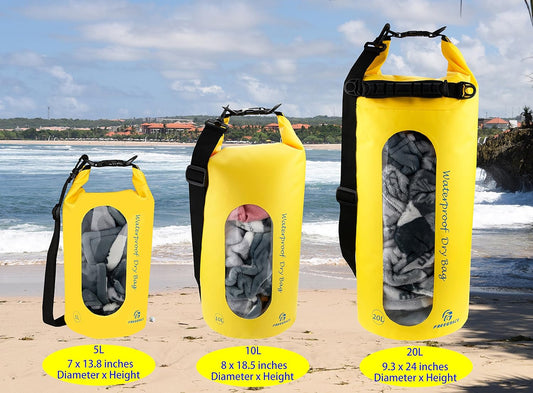 Freegrace Waterproof Dry Bags Set Of 3 Dry Bag With 2 Zip Lock Seals & Detachable Shoulder Strap, Waist Pouch & Phone Case - Can Be Submerged Into Water - For Swimming (Yellow(Window), 5L)