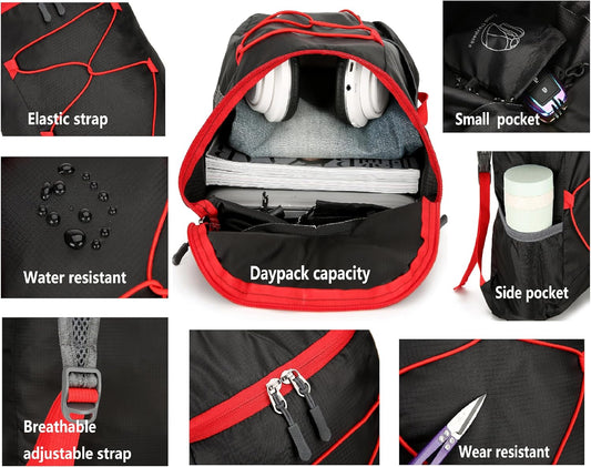 16L Hiking Daypack Lightweight Foldable Travel Backpack Water Repellent Camping Outdoor Packable Easy Carry-on Bag (Black+Red)