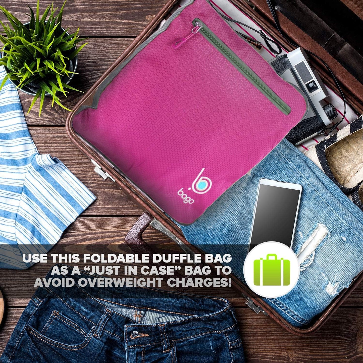 Bago Large Foldable Duffel Bags for Traveling Women & Men - 80L Packable Duffle Bag for Travel with Shoe Compartment - Water Repellant, Heavy Duty, Lightweight Folding & Collapsible (Pink)