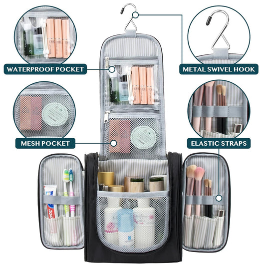 PAVILIA Toiletry Bag Travel Bag for Women Men, Hanging Cosmetic Organizer, Water Resistant Makeup Bag for Accessories Toiletries, Large Travel Essentials Kit (Black)