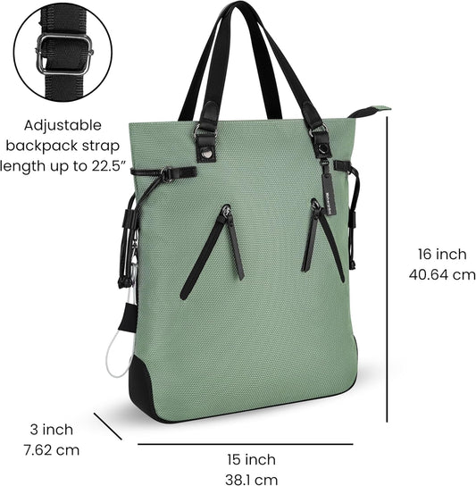 Sherpani Tempest, Anti Theft Convertible Backpack Tote, 14L Travel Backpack, Travel Gifts for Women, Handbags, RFID Protection, Metal Hardware, Fits 15” Laptop (No Sleeve) (Aloe Mist)