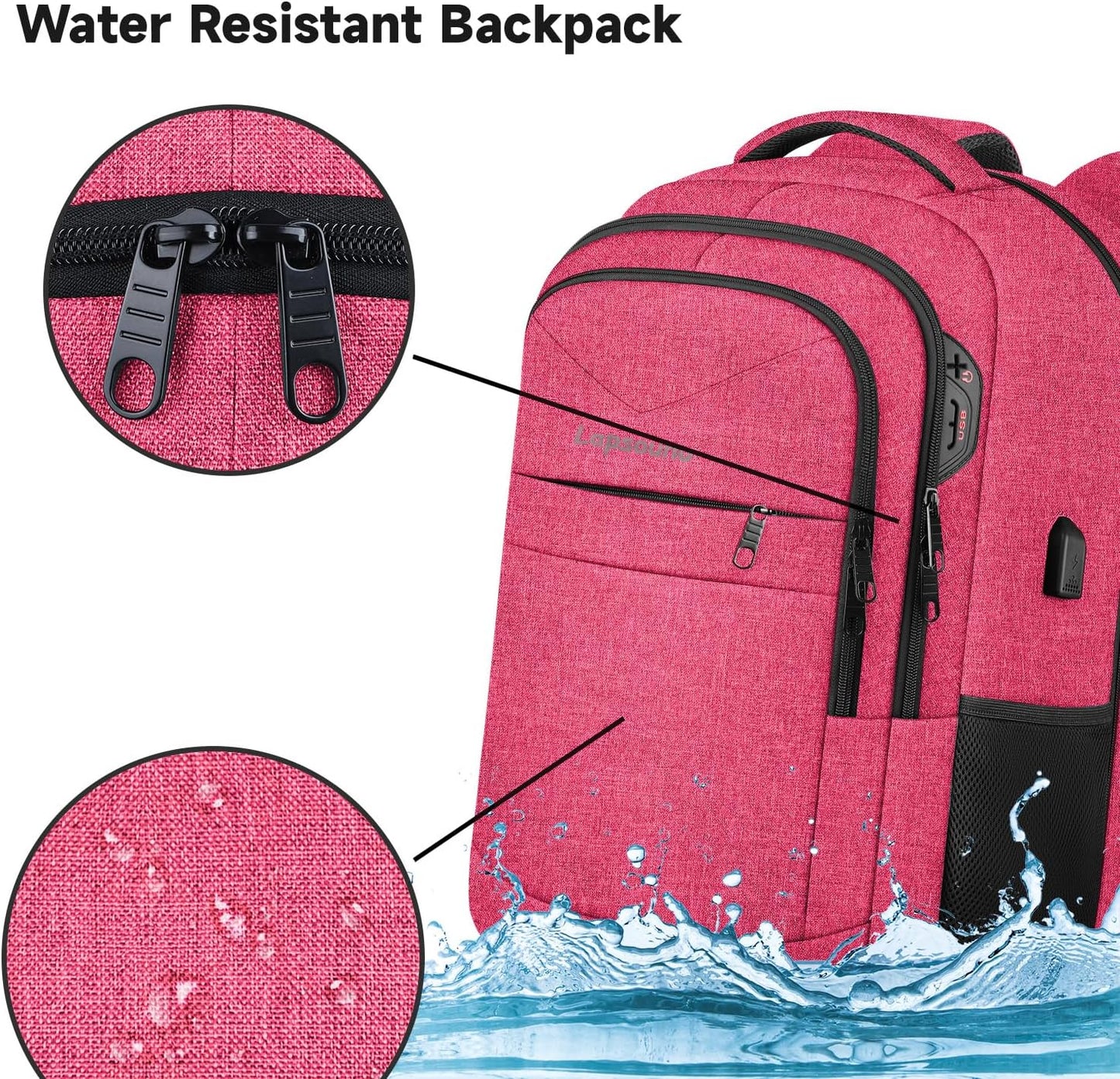 Lapsouno Travel Laptop Backpack, 15.6 Inch Travel Laptop Backpack, Water Resistant Casual Hiking Daypack, Computer Bag with USB Port, College School Business Backpack for Women, Pink